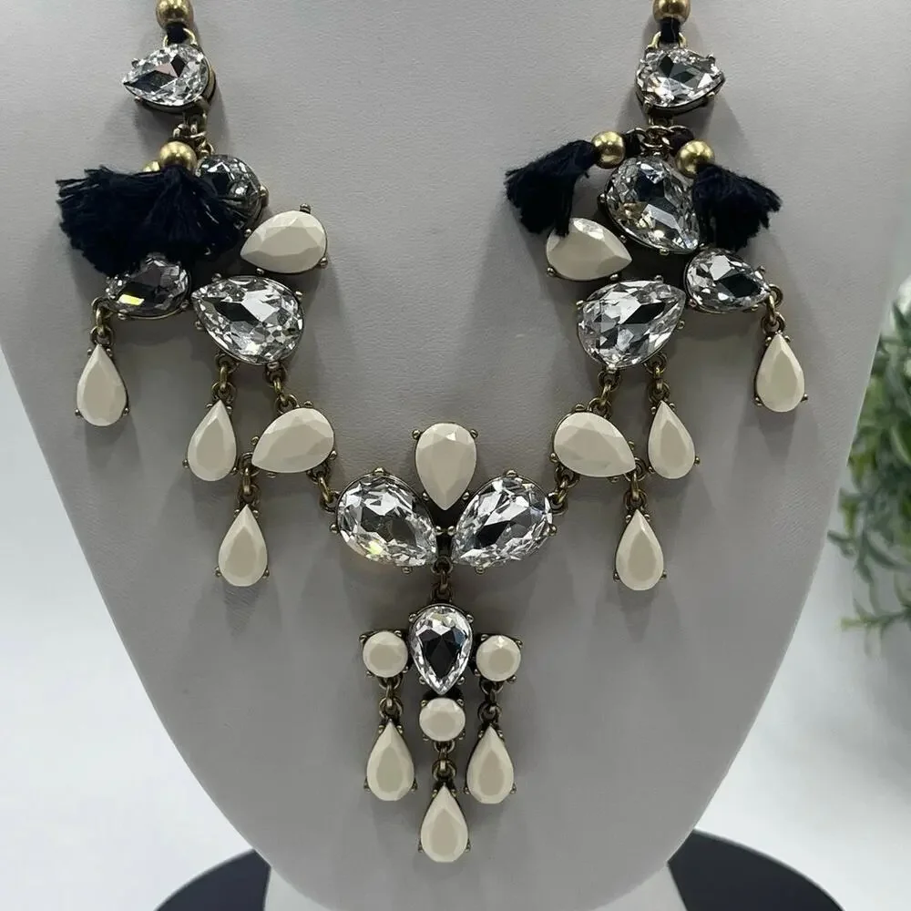 J. Crew Crystal Clear Milky White Gems Black Fringe‎ Adjustable Tie Necklace
